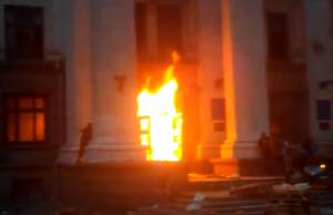 Screen shot of the fatal fire in Odessa, Ukraine, on May 2, 2014. (From RT video)