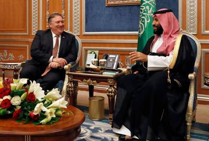 US Secretary of State Mike Pompeo (L) meets with Saudi Crown Prince Mohammed bin Salman in Riyadh, on October 16, 2018. - Pompeo held talks with Saudi King Salman seeking answers about the disappearance of journalist Jamal Khashoggi, amid US media reports the kingdom may be mulling an admission he died during a botched interrogation. (Photo by LEAH MILLIS / POOL / AFP)        (Photo credit should read LEAH MILLIS/AFP/Getty Images)