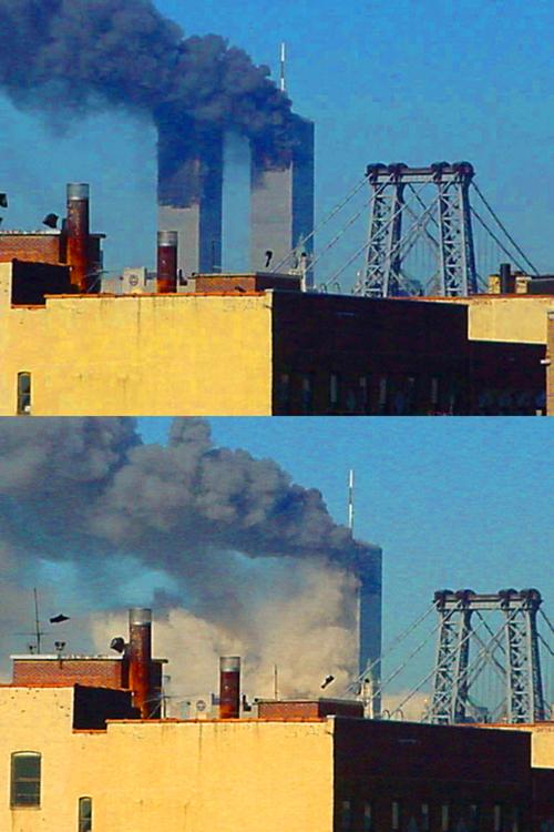 Collapse of 2 World Trade Center seen from Williamsburg, Brooklyn. (Pauljoffe, CC BY-SA 3.0, Wikimedia Commons)