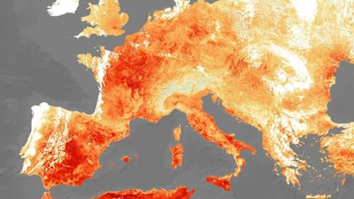 Satellite data of heat energy emitted from Europe on July 25, 2019, showing the current summer’s highest extremes.